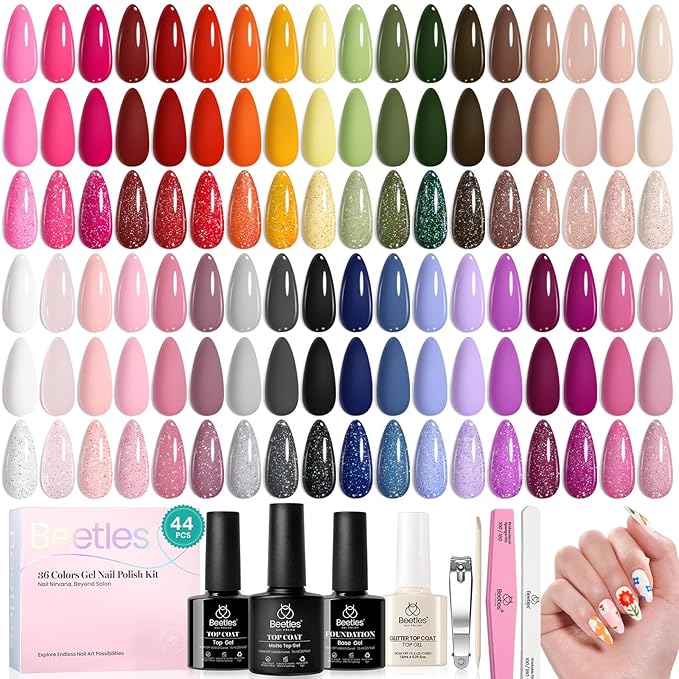 beetles Gel Polish 44pcs Winter Gel Nail Polish Set 36 Colors Brown Burgundy Red Blue Purple Green Black White with Base Top Coat UV LED Needed Salon DIY at Home Christmas Gift for Women Colorful Muse