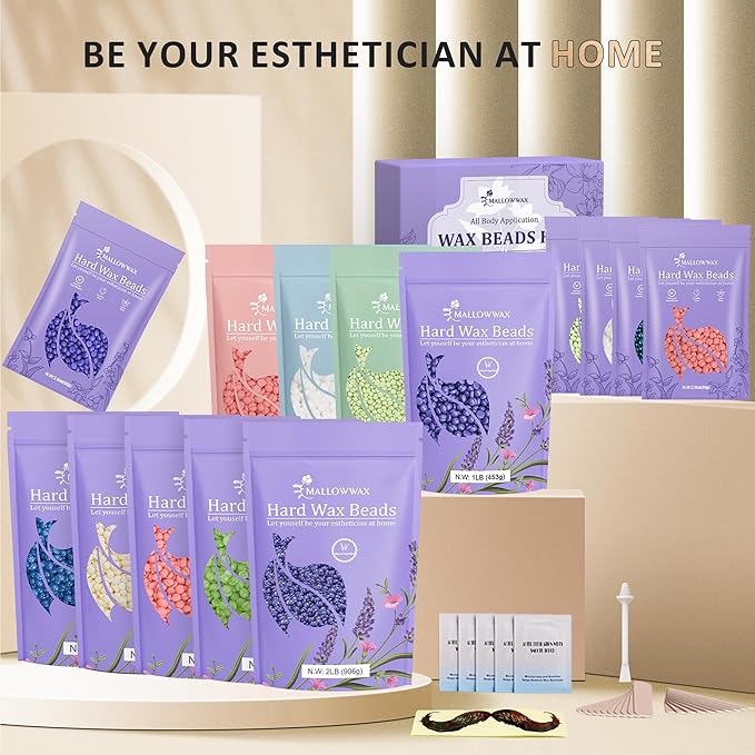 Hard Wax Beads, 2LB Coconut Cream Wax for Sensitive Skin, Gentle Hair Removal for Face, Bikini, Legs & Brazilian, No Strips Needed & Easy to Use at Home