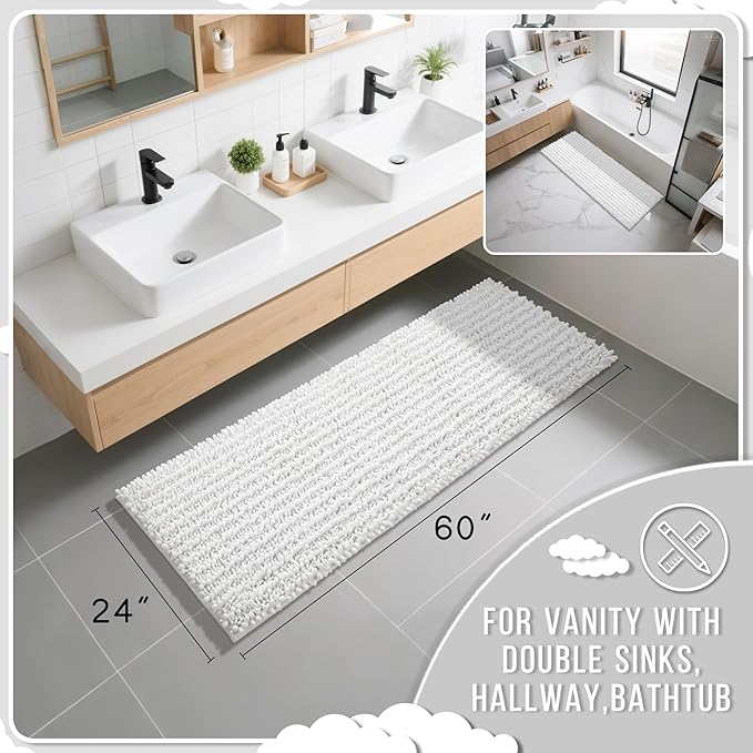 Yimobra Bathroom Runner Rug 60x24 Inch - Extra Long Non Slip Chenille Bath Mat, Soft & Absorbent, Machine Washable Shaggy Hallway Carpet for Vanity Tub Shower, White Home Decor Accessories
