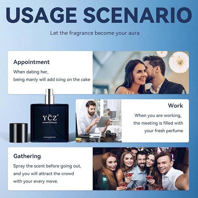 Ycz Charm Unfolds Marine Perfume for Men, 1.7 oz. Long Lasting Eau De Parfum Cologne For Men, Oriental Woody Fragrance - Ideal Special Occasions, Making it the Ideal gentlemen’s Gift (2-Pack).