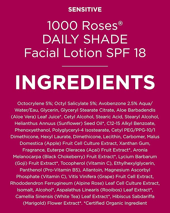 Andalou Naturals 1000 Roses Daily Shade Facial Lotion SPF 18 - 2-in-1 Skin Moisturizer & Face Sunscreen - Ultra Sheer & Hypoallergenic Skincare for Sensitive Skin - With Aloe Vera - 2.7 fl oz