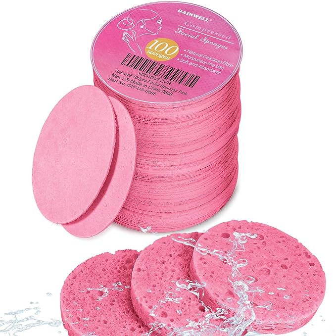 GAINWELL 100PCS Compressed Facial Sponges, Cleansing, for Personal Spa Esthetician Use, Pink