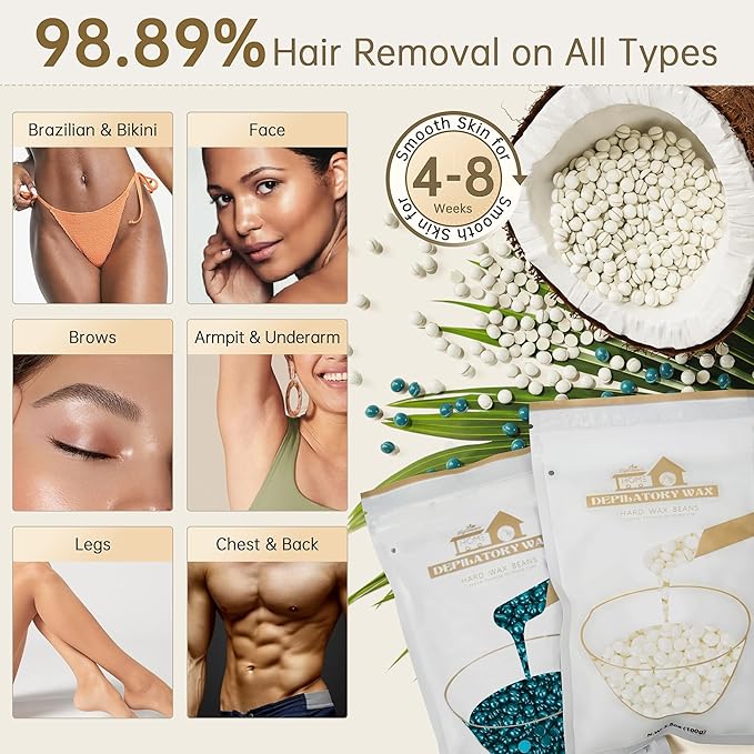 Lifestance Waxing Kit for Women & Men - White L3 Digital Warmer, Silicone Wax Pot Liner, Hair Removal Kit with 14.1oz Hard Wax Beads & Oil Spray, Professional for Home Brazilian Bikini Face Leg Body