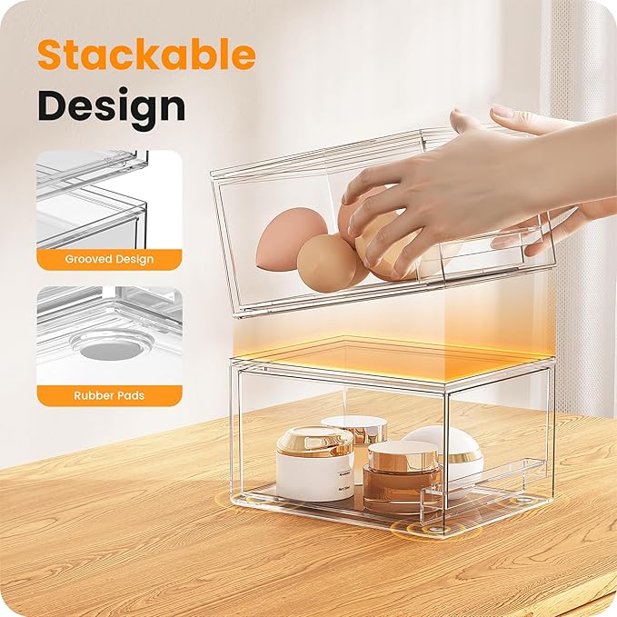 A-LuGei 【𝟮𝗣𝗖𝗦】 Acrylic Stackable Storage Drawers, 7.5" L Makeup Organizer, Bathroom Organizer and Storage, Plastic Storage Bins for Kitchen Cabinet Pantry Medicine Fridge