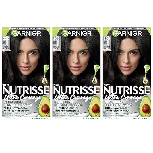 Garnier Hair Color Nutrisse Ultra Coverage Nourishing Creme, 200 Deep Soft Black (Black Sesame) Permanent Hair Dye, 3 Count (Packaging May Vary)