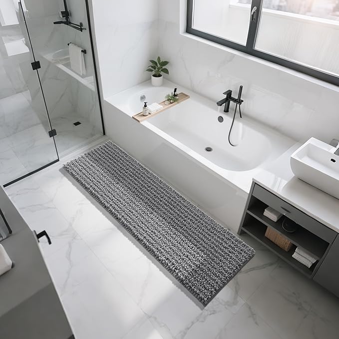 Yimobra Bathroom Runner Rug 70x24 Inch - Extra Long Non Slip Chenille Bath Mat, Soft & Absorbent, Machine Washable Shaggy Hallway Carpet for Vanity Tub Shower, Gray Home Decor Accessories