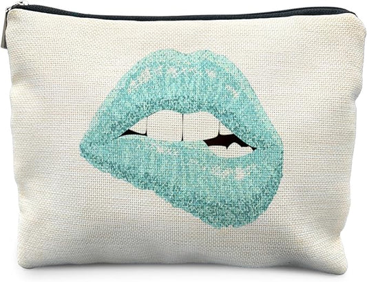Trendy Teal Makeup Bag for Women, Turquoise Glitter Lip Bite Modern Aesthetic Cosmetic Bag for Purse, Preppy Girly Makeup Zipper Pouch