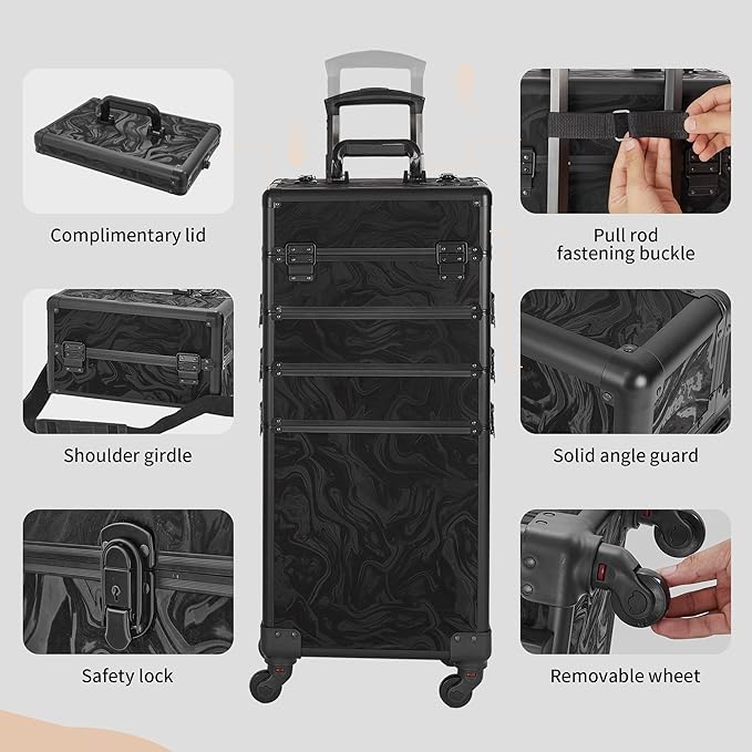 Rolling Makeup Case, Makeup Train Case with Lid, 5 in 1 Cosmetology Case on Wheels, Christmas Gift, Large Makeup Organizers, Profesional Cosmetic Case for Salon Barber, Pattern Black