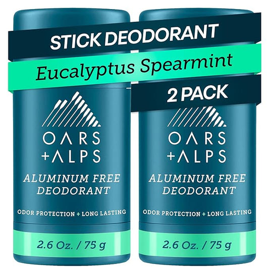 Oars + Alps Deodorant for Men & Women, Aluminum Free Deodorant for Men, Dermatologist Tested, Clean Ingredients, Vegan, Long Lasting, Odor Protection, Eucalyptus Spearmint, 2pk