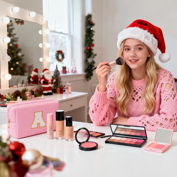 TOPEAST Christmas Gifts for Women Teen Girls - Stocking Stuffers for Teen Girls Gifts Trendy Stuff, Travel Makeup Bag, Initial Cosmetic Bag Toiletry Pouch (Pink M)