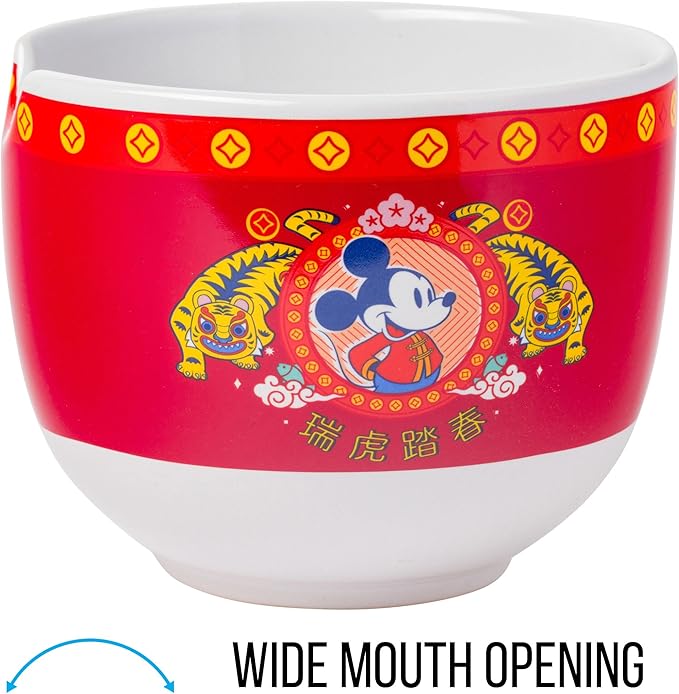 Silver Buffalo Disney Mickey Mouse Lunar Chinese New Year Tiger Ceramic Ramen Noodle Rice Bowl with Chopsticks, Microwave Safe, 20 Ounces