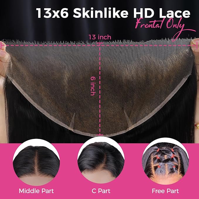 Lashey 13x6 SKINLIKE HD Lace Frontal Human Hair Straight, 0.10mm Ultra-Thin Invisible Melted Swiss Real HD Lace Pre Bleached Knots Pre Plucked Hairline Human Hair 22 Inch