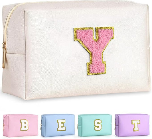 TOPEAST Preppy Makeup Bag, Small Cosmetic Travel Bags for Women, PU Leather Waterproof Toiletry Bag with Zipper, Personalized Birthday Gift for Women Girl, Preppy Gifts for Girl (Pearly White Y)