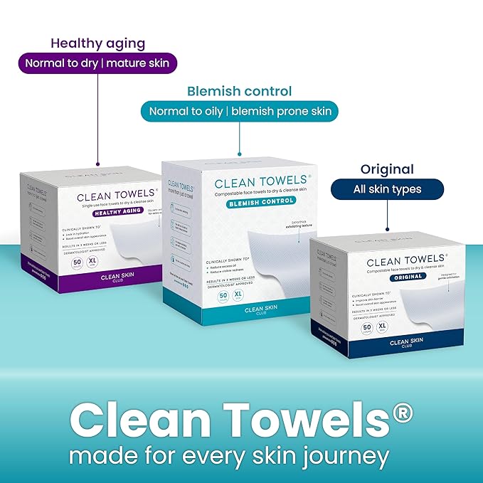 Clean Skin Club Blemish Control Clean Towels® XL, Compostable Face Towels, Light Exfoliation for Oily Skin, Eczema Association Accepted Disposable Face Towelette, Makeup Remover Dry Wipes, 50 count