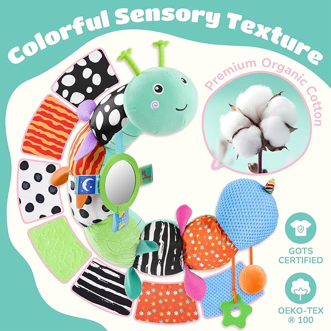 Baby Toys 6-12 Months Music Caterpillar Infant Toys Stuffed Animals 0-3-6 Months Teething Tummy Time Sensory Toys with Mirror Rattle&Pull String for Boys Girls Birthday Gifts|Tiffany Blue,Leafy