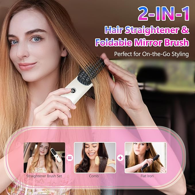 LCD Screen Cordless Hair Straightener Curler 2 in 1, Portable Mini Hair Straightening Brush for Travel Negative Ionic Fast Heating Hot Comb for Women, Folding Brush with Mirror, White