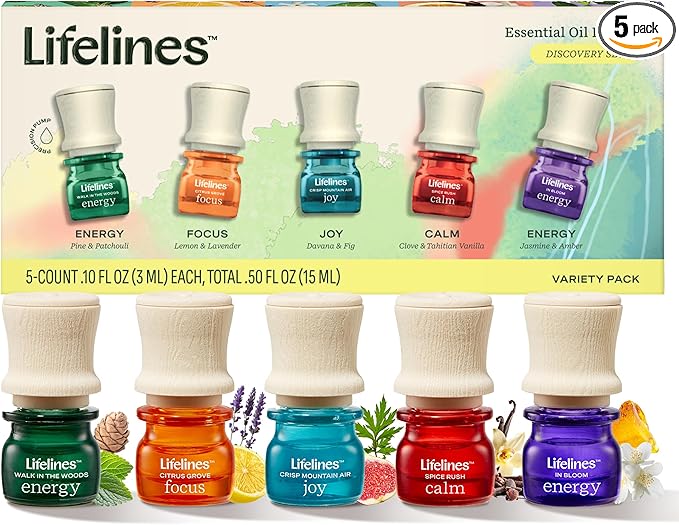 Lifelines Essential Oil Blends, 5-Pack Discovery Set - Blended Essential Oils with Precision Pump for Aromatherapy Diffusers - Long-Lasting Scented Fragrance - Joy, Calm, Focus & Energy Blends