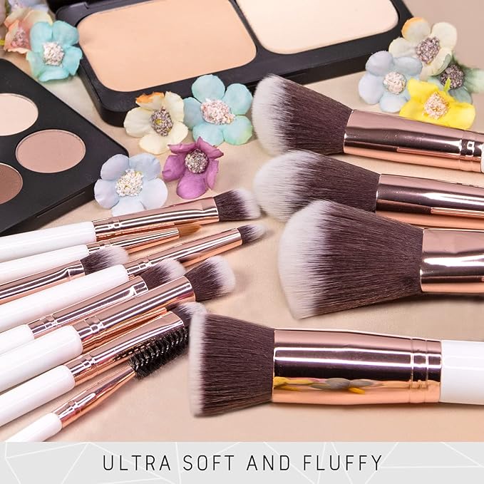 Niré Beauty White 15piece Award Winning Professional Makeup Brush Set: Vegan Makeup Brushes with Case, Makeup Sponge, Cleaner, Guide, Gift Box