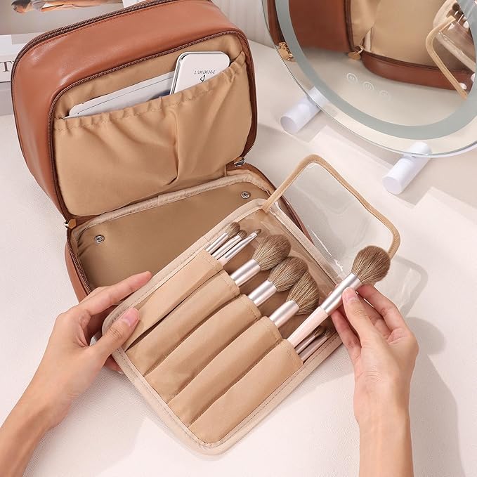 Pocmimut Makeup Case,Double Layer Large Cosmetic Bag with Makeup Brush Bag,TSA Approved Toiletry Bag Skincare Bag Car Accessories Travel Essentials Organizers for Women,Brown
