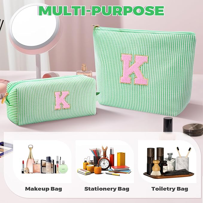 Monogrammed Gifts for Women - Cosmetic Bag for Teen,Initial Cute Makeup Bag Set for Women,Trendy Pouch for Niece Sister Friend Female Her,Birthday Gifts for Daughter - Green,K