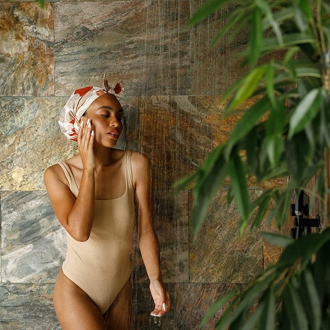 Shower Cap for Women, Luxury, Fashionable, Reusable, Waterproof Turban Shower Cap for Long Hair SMPL OBJECTS (Shapes of beige)