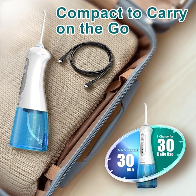 Nicefeel Water Dental Flosser Teeth Pick - Fast Charge Cordless Teeth Cleaner, 3 Modes Portable Oral Irrigator, IPX7 Waterproof Electric Water Dental Flosser for Tonsil Stone, 300ML Tank
