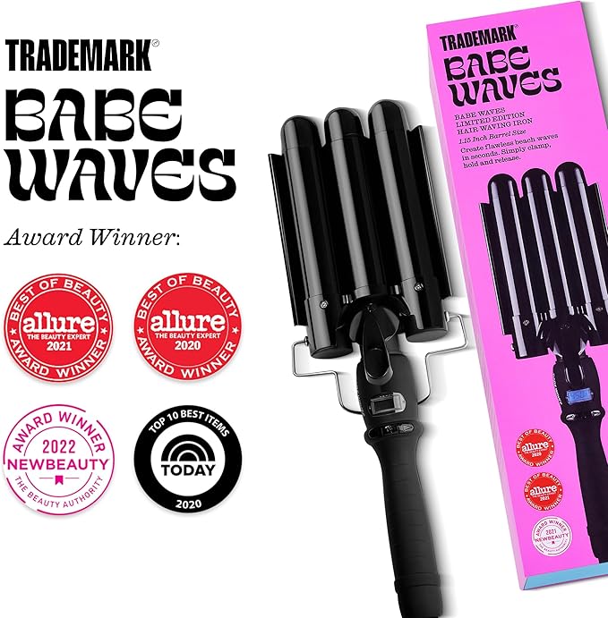 Trademark Beauty Three Barrel Hair Waver, Curling Iron, 1.1 Inch, Beach Waves, Adjustable Temperature Hair Curler, Babe Waves Limited Edition - Black