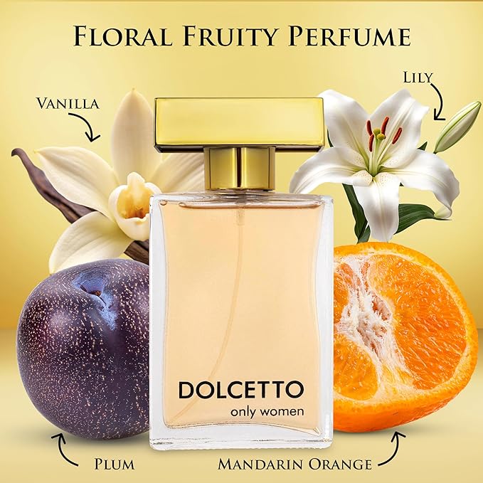 Dollceto Only for Women Eau De Parfum - Floral Fruity Fragrance - Top Notes of Bergamot, Citrus Mandarin, Lychee & Sweet Peach - Base of Vanilla, Haitian Vetiver, Warm Amber - Elegant 100ml Bottle