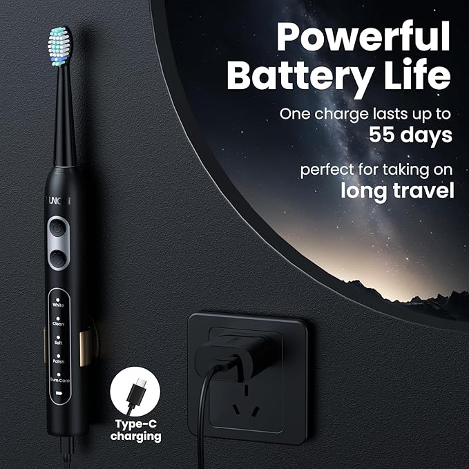 YUNCHI Sonic Electric Toothbrush for Adults and Kids, Black Electric Toothbrush,55 Days Last USB Rechargeable Toothbrush, 5 Modes, 4 Brush Heads, 2-Min Smart Timer, IPX7 Waterproof
