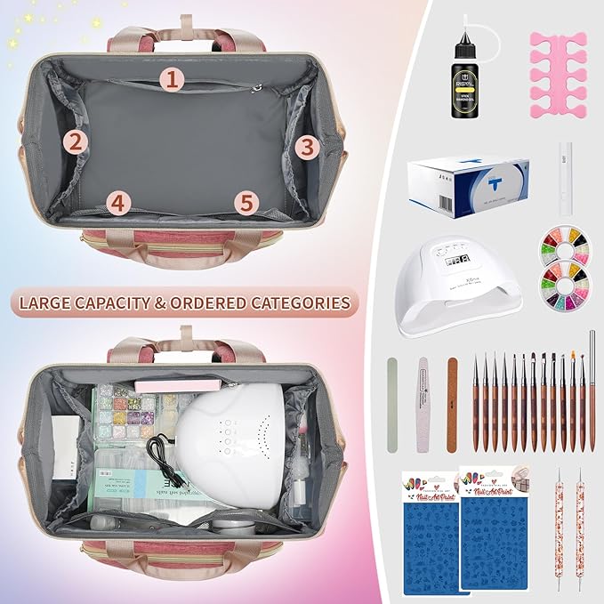 LTINVECK Nail Polish Organizer Case Backpack Holds 70 Bottles (15ml/0.5fl.oz)& Nail Lamp, 2 Layers Detachable Nail Kit Storage Case, Large Travel Nail Supplies Shoulder Bag for Manicure Tools (Pink)