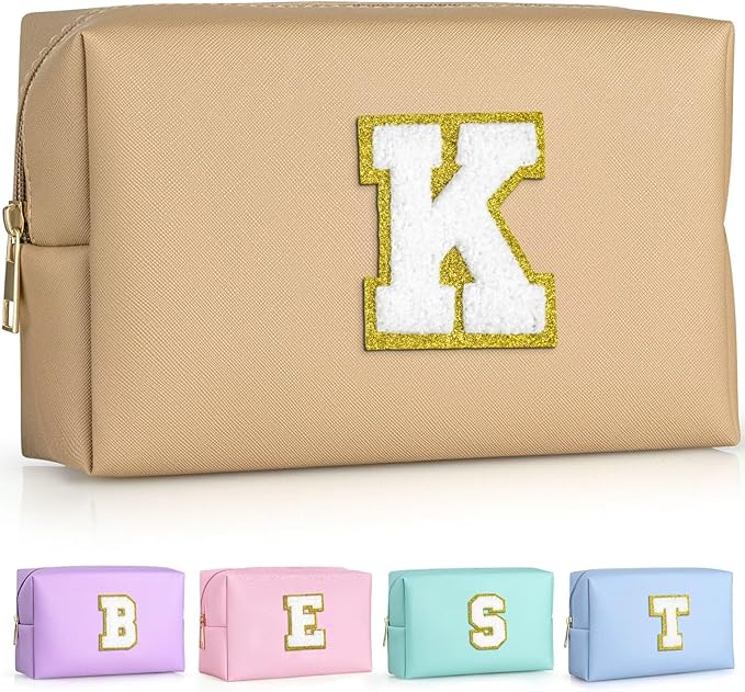 TOPEAST Initial Cosmetic Bag, PU Leather Waterproof Travel Toiletry Bag, Monogrammed Gifts for Women, Personalized Birthday Gift for Sister Friends, Cute Stuff for Girls (Khaki K)