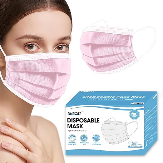 NNPCBT Pink Disposable Face Masks 125 Pack,3-Ply Breathable Mask For Adults,Great For Outdoors,Home, Office, School