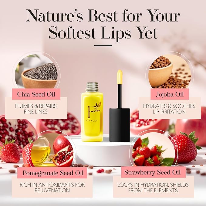 100% Natural Lip Treatment for Dry, Chapped Lips- Infused with Jojoba for Deeply Nourishing Lip Oil, Long-Lasting Hydration, Cold-Pressed Oils, Pregnancy Safe, Organic Lip Gloss by Finally