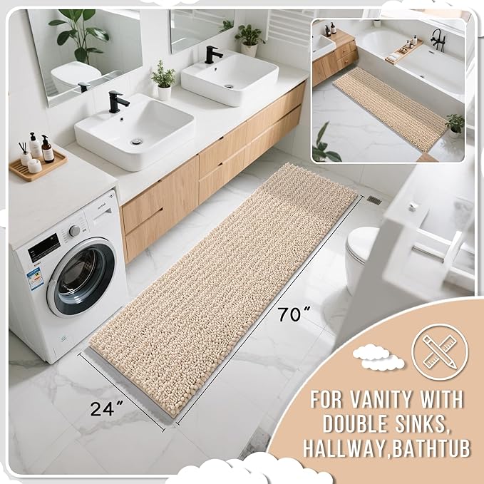 Yimobra Bathroom Runner Rug 70x24 Inch - Extra Long Non Slip Chenille Bath Mat, Soft & Absorbent, Machine Washable Shaggy Hallway Carpet for Vanity Tub Shower, Light Brown Home Decor Accessories