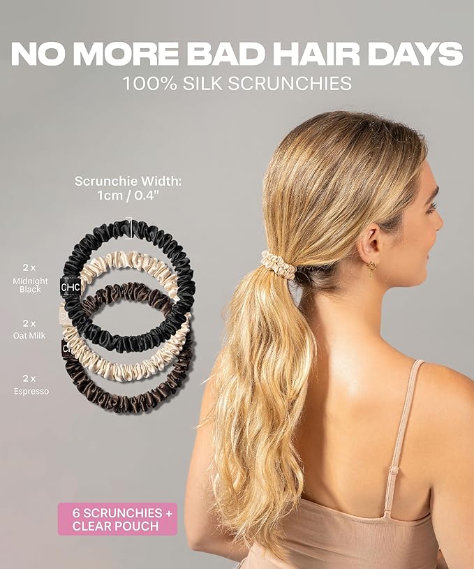 SUNDAYSILKS™ Luxurious Mulberry Silk Scrunchies for Women & Girls | No-Slip, Silky Hair Ties for Natural, Curly, Thin or Thick Hair | Gentle Hold for Ponytails & Sleep | Mini to Large Sizes [6 Pack]