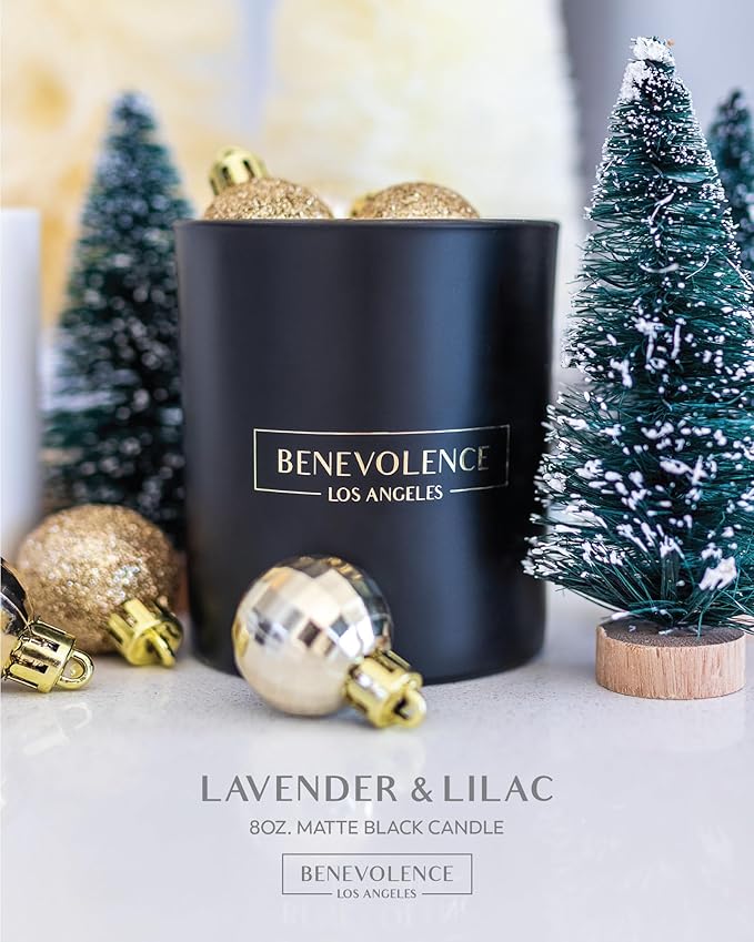 Benevolence LA Lavender & Lilac Scented Candle | Soy Christmas Candles, Black Holiday Candle for Home | Gifts for Women and Men | Home Fragrance | Aromatherapy | Bathroom Freshener | 8oz, 45 Hour Burn