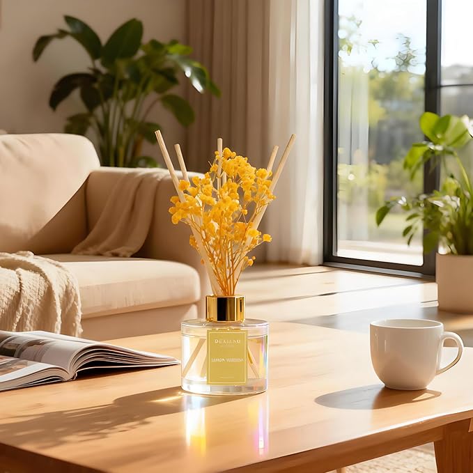 Reed Diffuser Set - 3.38 fl oz Lemon Verbena Premium Scented Oil with Preserved Baby's Breath & Cotton 6 Sticks | Long-Lasting Aromatherapy for Home, Bedroom, Bathroom, Office Home Decor