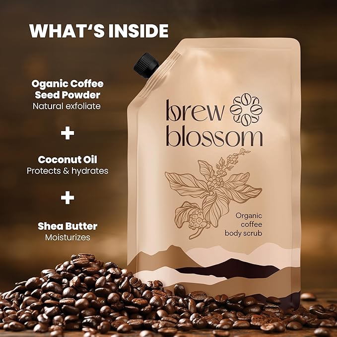 Organic Robusta Coffee Body Scrub 8 oz with Coconut Oil & Shea Butter - Moisturizing and Exfoliating Body, Face, Hand, Foot Scrub - Cellulite, Fight Stretch Mark, Fine Line, Wrinkle