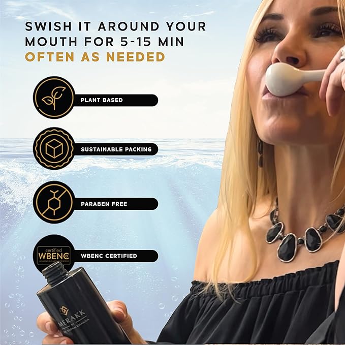 Merakk Coconut Oil Pulling Whitening Mouthwash for Teeth & Gums | Doctor Formulated | Natural Ayurvedic Oil, Clove & Grape Seed Oil - Oral Rinse - 6.8oz