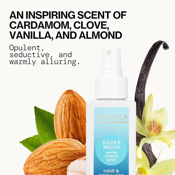 Pacifica Hair Perfume & Body Fragrance Spray Mist - Silver Moon with Vanilla, Almond & Spice – Alcohol-Free, Vegan & Cruelty-Free, 6.5 oz