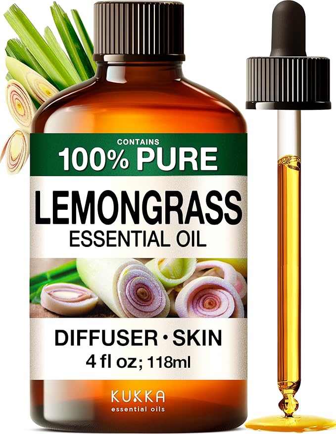 KUKKA Lemongrass Essential Oils - 4 Fl Oz - for Hair, Skin, Diffuser, Aromatherapy & DIY Soap Making Scent