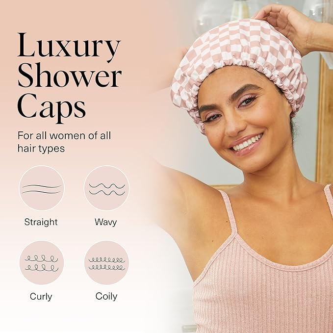 Kitsch Luxury Shower Caps for Women Reusable Waterproof - Flexi Satin Lined, Large Wide Shower Cap for Women & Men, Adjustable, Stylish Hair Cap for Shower, For Long & Short Hair - Terracotta Checker
