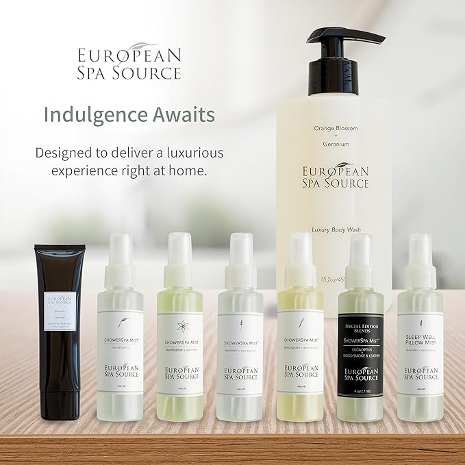 European Spa Source Special Edition - Eucalyptus, Wood Smoke + Leather ShowerSpa Mist Spray for Aromatherapy, at Home Spa Experience, Sinus Congestion Relief, and Tension Relief, 4 fl oz.