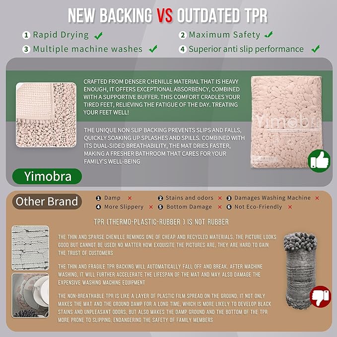 Yimobra Bathroom Rugs Non Slip Washable - Ultra Soft Absorbent Chenille Bath Mat, Quick Dry Shaggy Floor Carpet for Tub Shower, Pinkish Beige Home Decor Accessories, 24x17 Inch