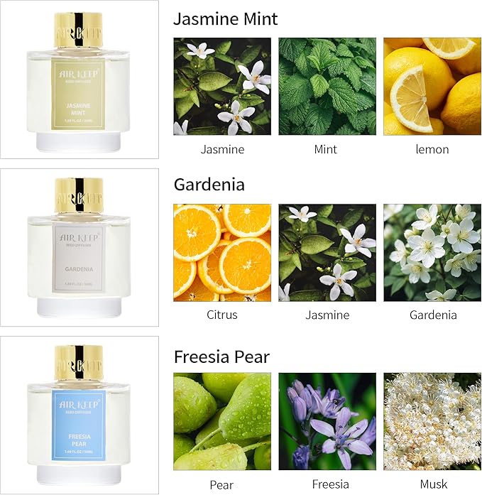 Airkeep Reed Diffuser Set of 3, Jasmine Mint Gardenia Freesia Pear Oil Reed Diffusers for Bedroom Living Room Office Aromatherapy Oil Reed Diffuser for Gift 50ml x 3