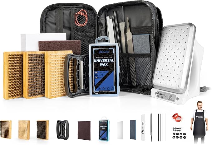 OutdoorMaster Ski Snowboard Tuning and Waxing Kit with Waxing Iron,Universal Wax,Edge Tuner,Brush,Wax Scraper,Ptex,Fixer Screw,Rubber Band