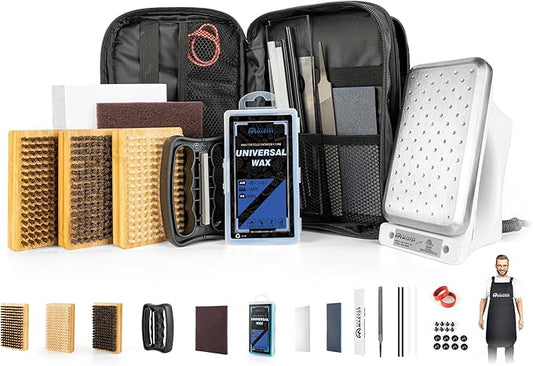 OutdoorMaster Ski Snowboard Tuning and Waxing Kit with Waxing Iron,Universal Wax,Edge Tuner,Brush,Wax Scraper,Ptex,Fixer Screw,Rubber Band