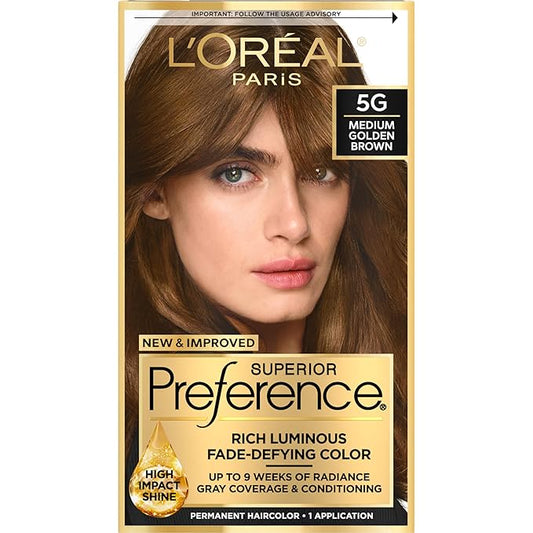 L'Oreal Paris Superior Preference Luminous Fade-Defying Permanent Hair Color, Hair Dye For Up to 9 Weeks of Radiance, Medium Golden Brown 5G, 1 Hair Dye Kit