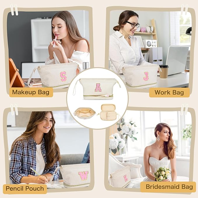 Makeup Bag for Girls Gift, Personalized Christmas Gifts Initial Women Makeup Bag for Travel, Double Layer Cosmetic Bag with Brush Organizer Preppy Make up Bag for Teen Girl Trendy - M