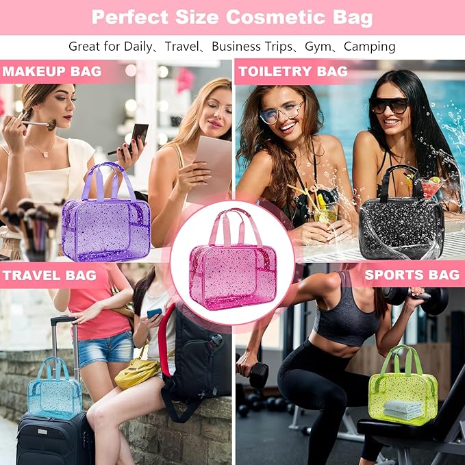 Clear Purple Star Large Makeup Bag with Star Pattern 12x5x8 inch, Travel Cosmetic Bag with Handle, Durable PVC Material Washbag Zipper Opening Design for Makeup Travel Organizer or Gym Use
